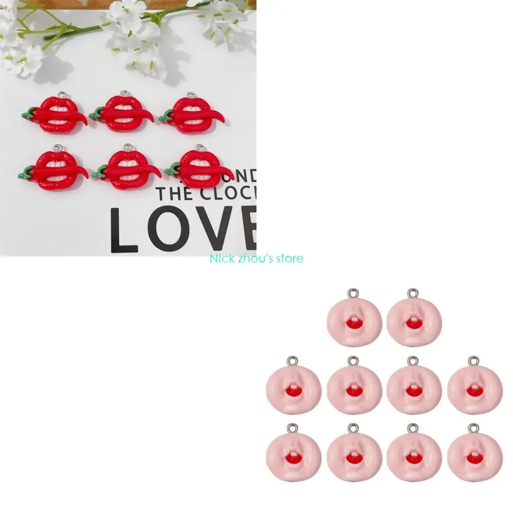 

E15E Set of 10 Red Lip Resin Charm Earring Necklaces Bracelet Jewelry Making Finding