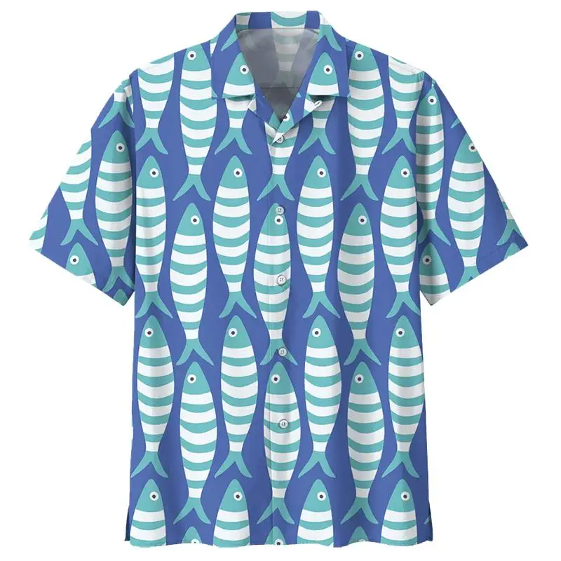 Men Shirt Cuban Collar Abstract Fish Art Graphic Print Short Sleeve Loose Fit Seaside Leisure Streetwear Male Apparel