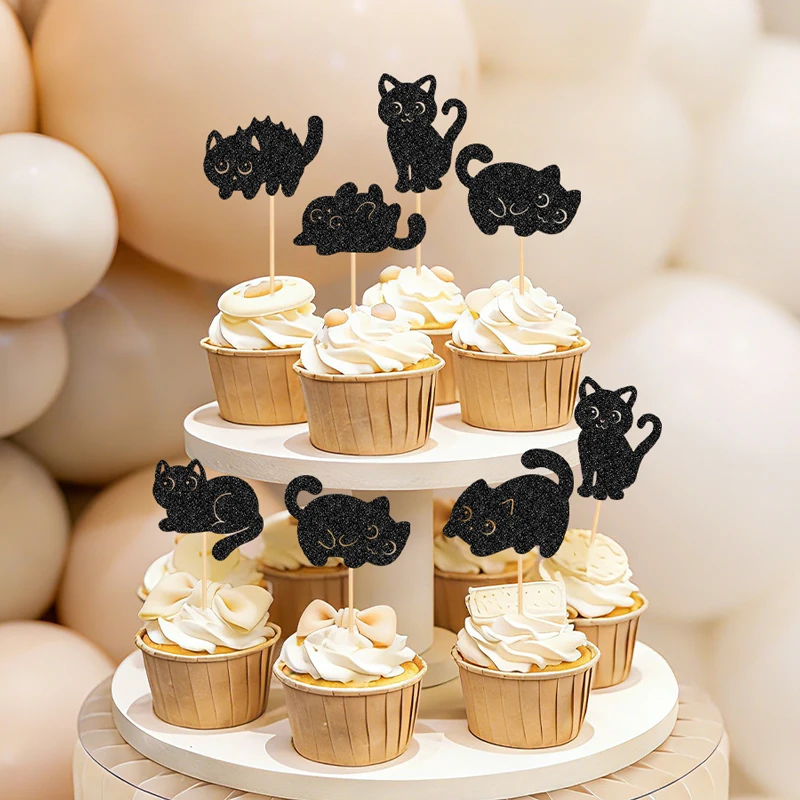 YOMDID 24 Stück Niedliche Katzen-Cupcake-Topper, Glitzernde Katzen-Kuchendekorationen für Kätzchen-Geburtstagsdekorationen, Dekoración Cumpleaños – Detail 10