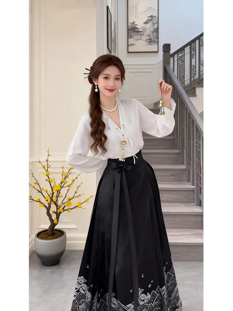 

Новый китайский комплект Ханьфу для женщин: зимний дизайн, черно-белый, с юбкой и топом, комплект из двух предметов с высокой талией