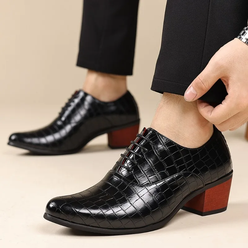 Fashion Casual Men Leather Shoes Brown Outside Height Increase Formal Attire Shoes Man Grid High Heel Square Heel Wedding Shoes