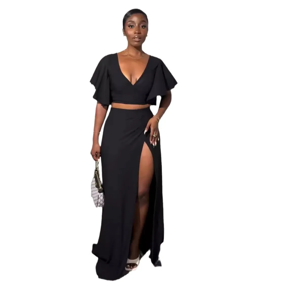 

Large Size Faion Casual Two-Piece Women's Dr Set Fat Ladies Suit Polyester ort Sve V-Ne Overhead Summer 2024