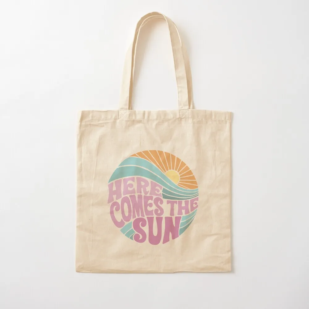 Purple Groovy Here Comes the Sun Tote Bag Reusable bags shopper bag woman Canvas Tote Bag