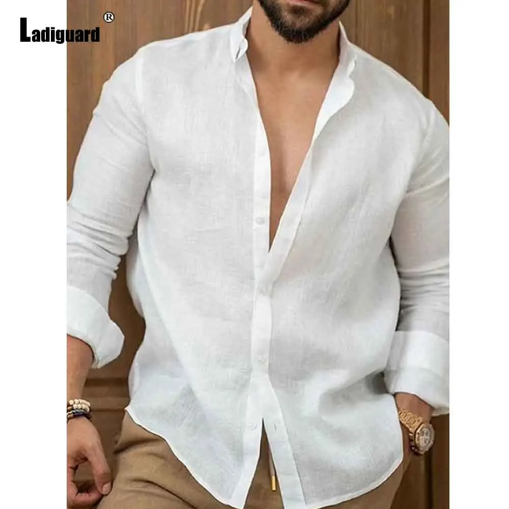 

Men Long Sleeves Cotton Linen Shirts Clothing 2025 Summer Hot White Soft Blouse Vintage Basic Overshirt Male Casual Beach Tops