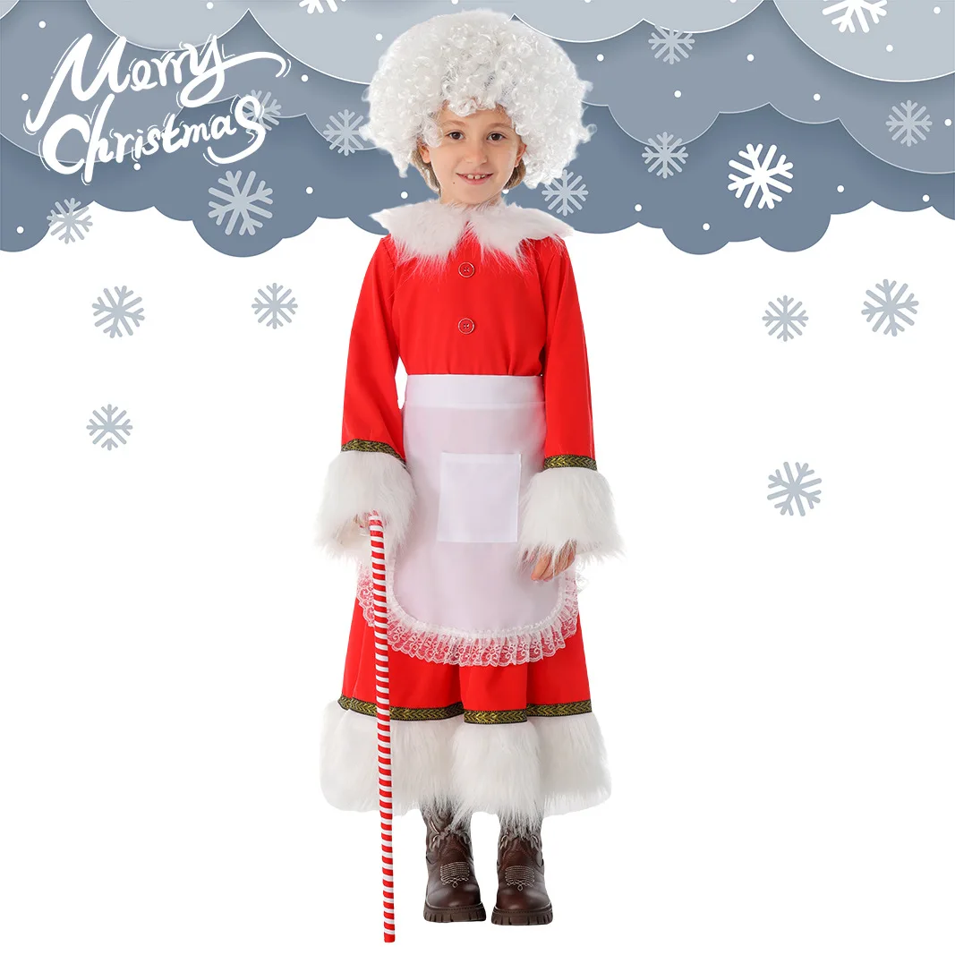 

Girls Christmas Santa Claus Cosplay Costume Maid Granny Long Sleeves Dress with Hat Apron for Halloween Role Playing Set