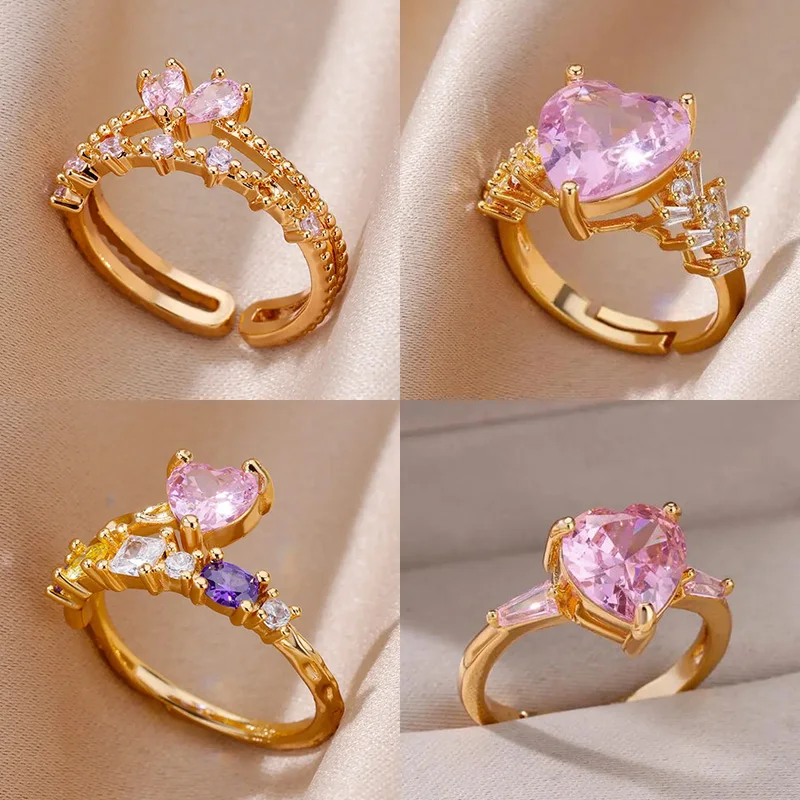 Pink Zircon Heart Rings For Women Gold Plated Stainless Steel Adjustable Heart Ring 2025 Trend Wedding Aesthetic Jewelry Gift