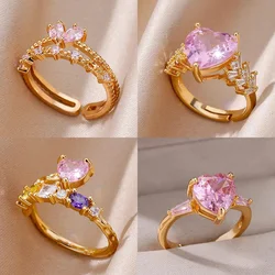 Pink Zircon Heart Rings For Women Gold Plated Stainless Steel Adjustable Heart Ring 2024 Trend Wedding Aesthetic Jewelry Gift