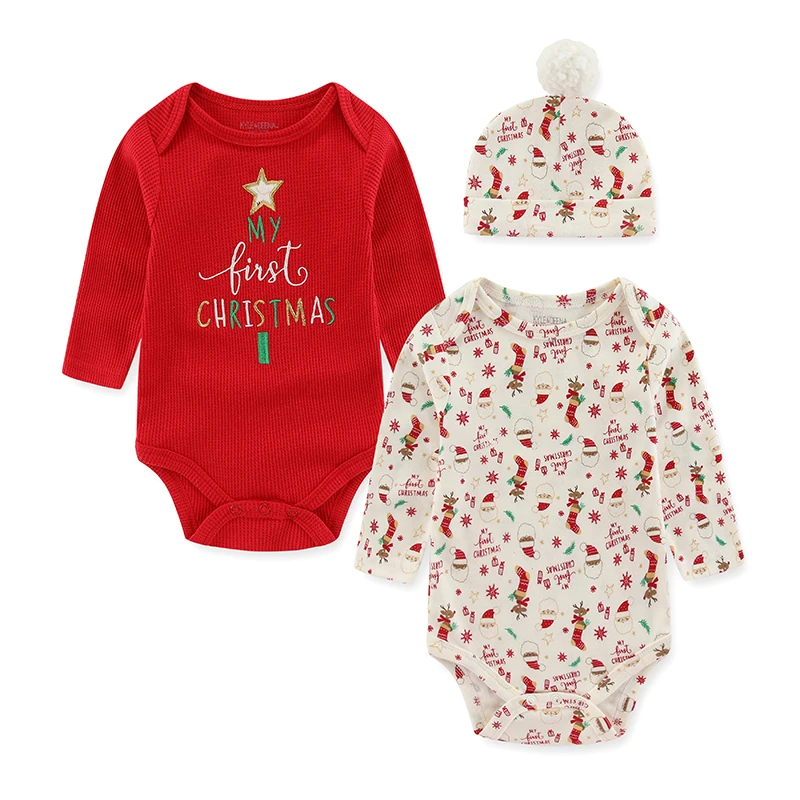 Baby Girl Christmas Outfits Cartoon Print Newborn Clothes Set 2-Pieces Long-Sleeved Bodysuits with Hat Suit Infant Boy Clothing