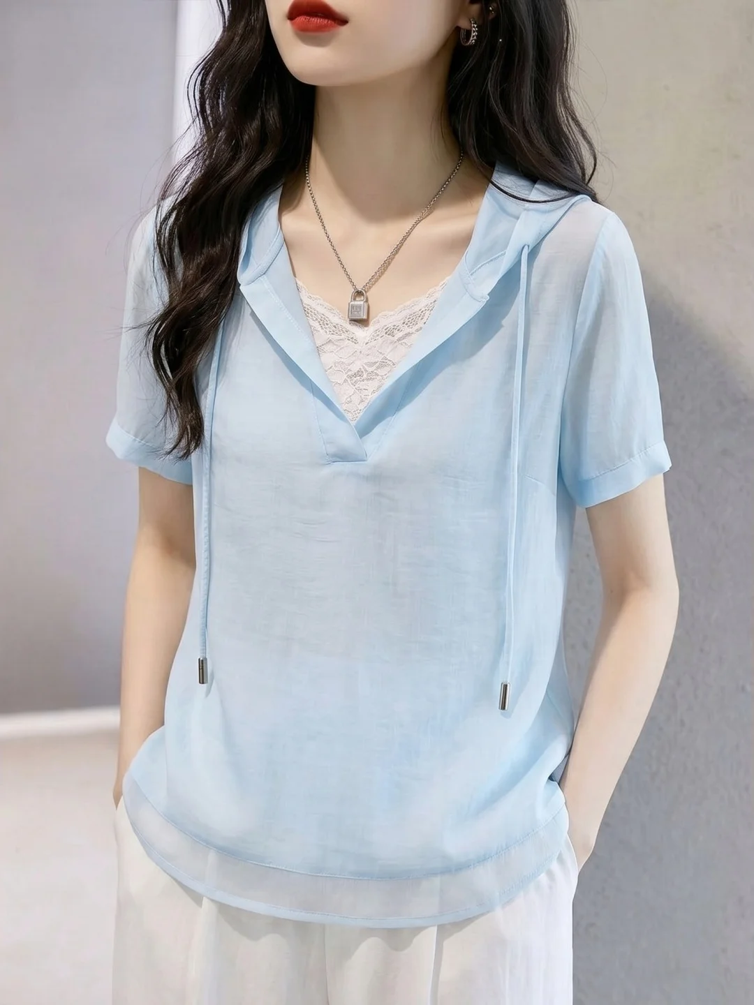 

Lace Splice Loose Short Sleeve Women's Top Korean Style Summer 2026 Casual Fashion Sun Protection Hat Design Breathable Shirt