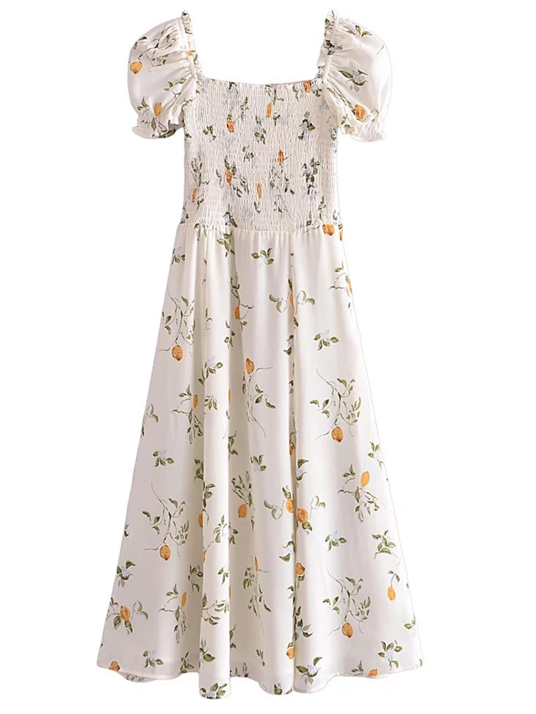 

YENKYE 2022 Women Vintage Lemon Print Short Sleeve Dress Elegant Ladies Square Neck Sexy Slits Summer Chiffon Dress A-line Robe