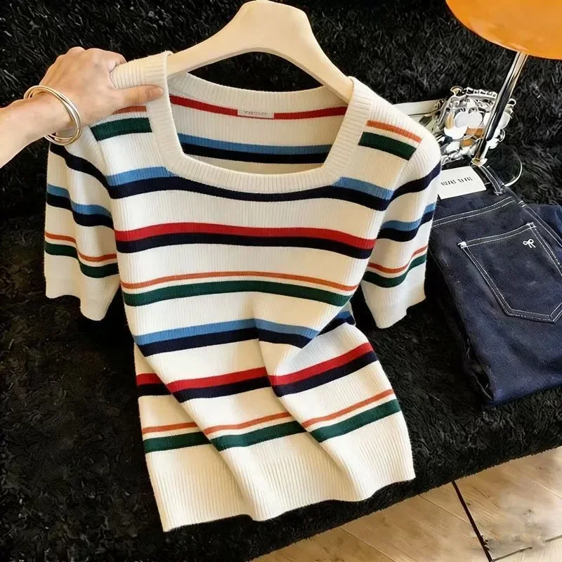 

Women Colorful Stripe Ice Knit Tee Square Neck Slim Plus Size Short Sleeve Casual Summer Top
