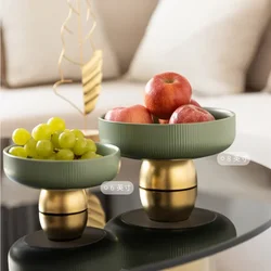 Matt Ceramic Salad Bowl Golden Base Tall Fruit Tray Circular Vertical Stripe Sbowls Family Candy Storage Tray Kitchen Supplies