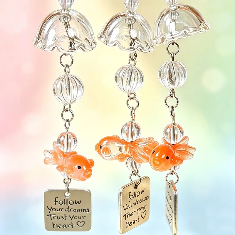 1/2Pcs Resin Goldfish Wind Chime for Car Mirror Hanging Ornament Transparent Fish Pendant Japanese Healing Decor Window Backpack