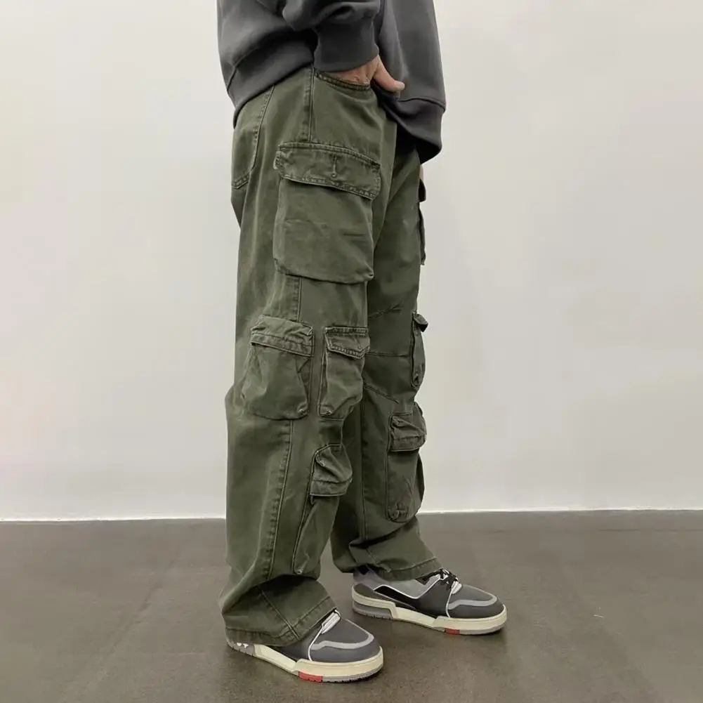 Solid Color Men Pants Reinforced Pocket Seams Pants Versatile Unisex Cargo Pants with Adjustable Waist Multiple for Streetwear