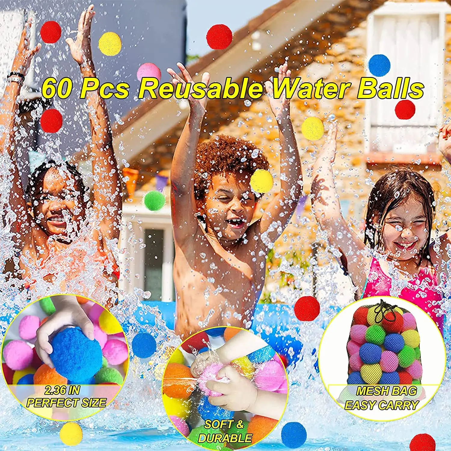 60 bolas de água de algodão reutilizáveis brinquedos ao ar livre verão piscina respingo balões de água trampolim acessórios brinquedos de jogo de água