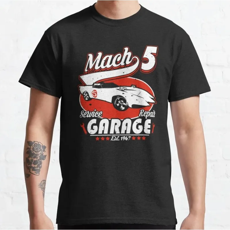 Mach 5 سيارة أعلى سرعة المتسابق أنيمي خمر الرجعية المتعثرة القطن تي شيرت حجم كبير 'Mach Go Go Go' قميص مطبوع للرجال