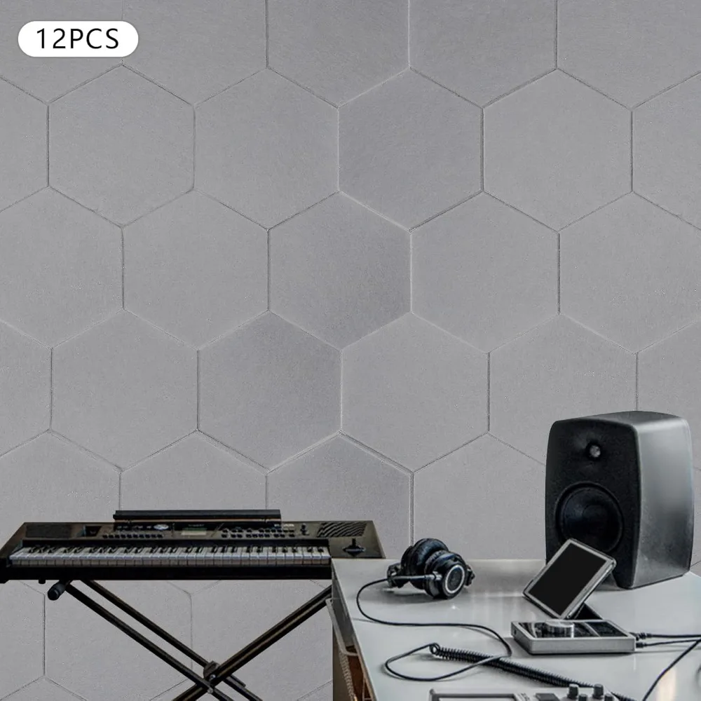 Set van 12 akoestische panelen, zelfklevend zeshoekig, 9 mm dik, akoestisch schuimgeluidsabsorber voor studio-kantoormuur