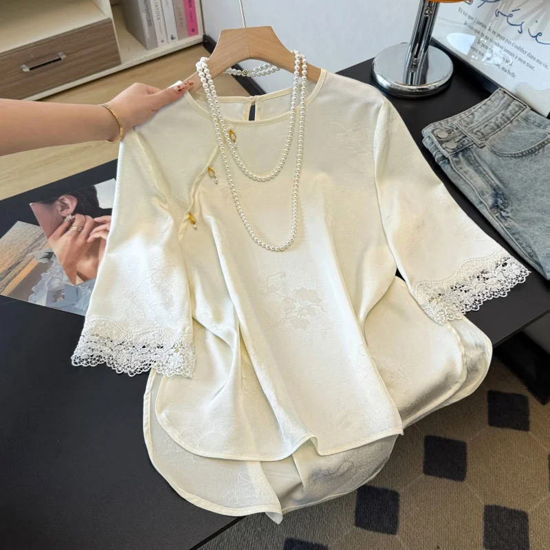 New Chinese Style Heavy Embroidery Lace Sleeve Opening round Arc Hemline Top Slant Lapel Button round Neckline Polyester Fabric