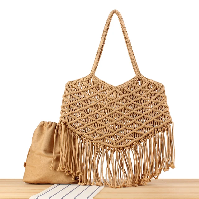 Nuevo bolso de mano de hilo de algodón ahuecado, bolso de playa con borlas bohemias, bolso de hombro tipo bandolera con flecos de ganchillo para mujer, Bolsos femeninos
