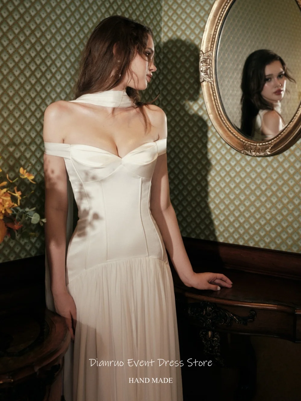 Dianruo Unique Pleated Long Wedding Dress A Line Sleeveless Vestido De Noiva Ribbons Off Shoulder Evening Dresses Customized