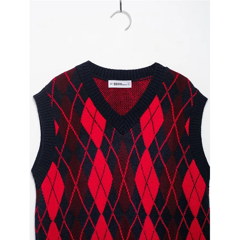 Moda donna Argyle senza maniche scollo a V gilet lavorato a maglia maglione femminile chic allentato corto pullover gilet casual top