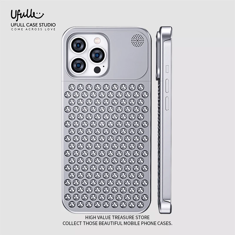 

All-Metal Cooling Hollow Phone Case For iPhone 13 12 14 15 ProMax Plus Heat Dissipation Anti-scratch Honeycomb Shockproof Cover