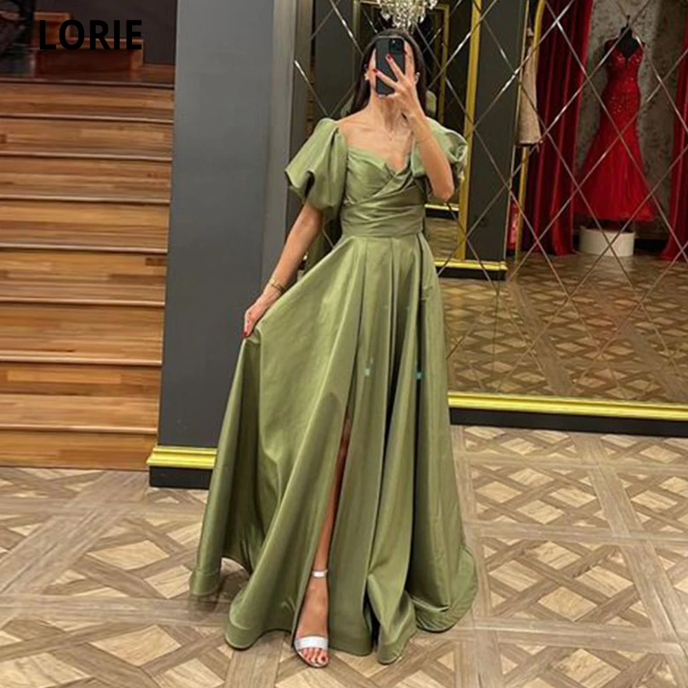 LORIE Green Leg Slit Evening Dress Vintage Puff Sleeves Satin Formal Evening Gown Arabic Plus Size Party Pageant Dress Plus Size