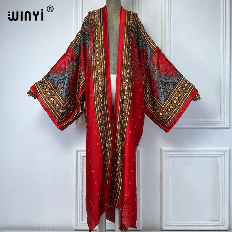 WINYI Kimono Women Summer Bohemia Print Long Sleeve Cardigan Female Blouse abaya Beachwear Cover Up boho maxi dress party kaftan