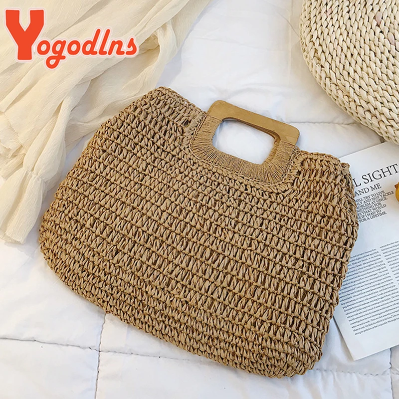 Yogodlns Casual Large Capacity Straw Beach Bag Wooden Handle Handbag Women Handmade Woven Bag Lady Casual Purses Summer Balii