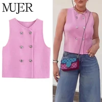 MUJER-Chaleco tejido sin mangas para mujer, chaleco recortado de punto rosa a la moda, chaleco de verano con doble botonadura, Top para mujer, nuevo en abrigo corto