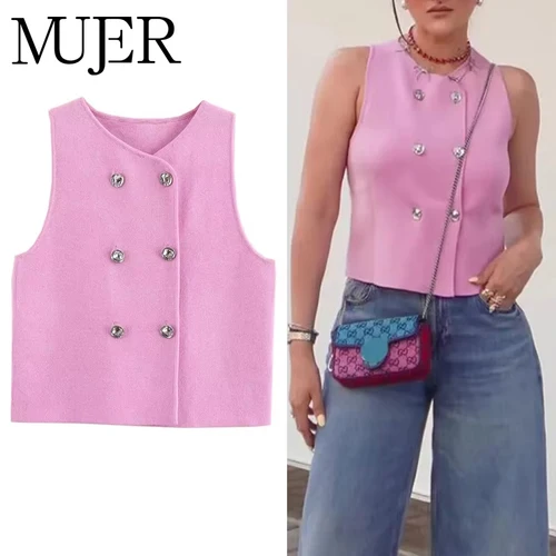 MUJER-Chaleco tejido sin mangas para mujer, chaleco recortado de punto rosa a la moda, chaleco de verano con doble botonadura, Top para mujer, nuevo en abrigo corto