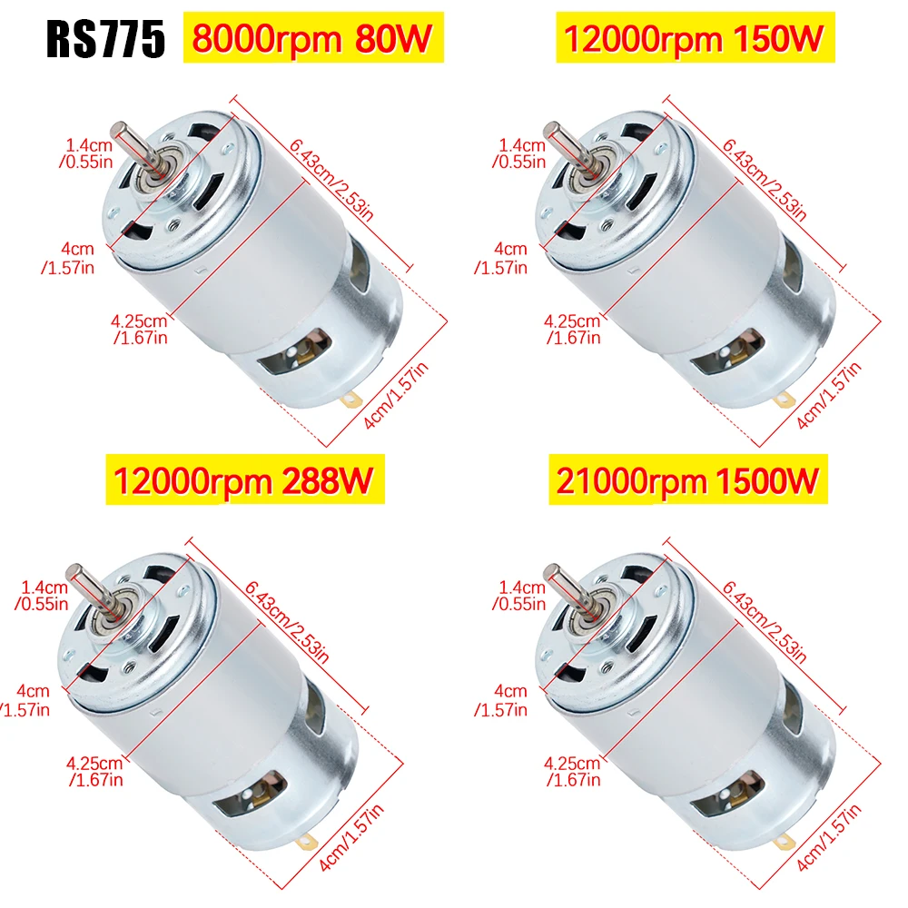 Motor 775-24V DC 12V 80W/150W/288W Motor de husillo de doble rodamiento de bolas 12000RPM Motor DC de gran par Motor de alta potencia y bajo ruido