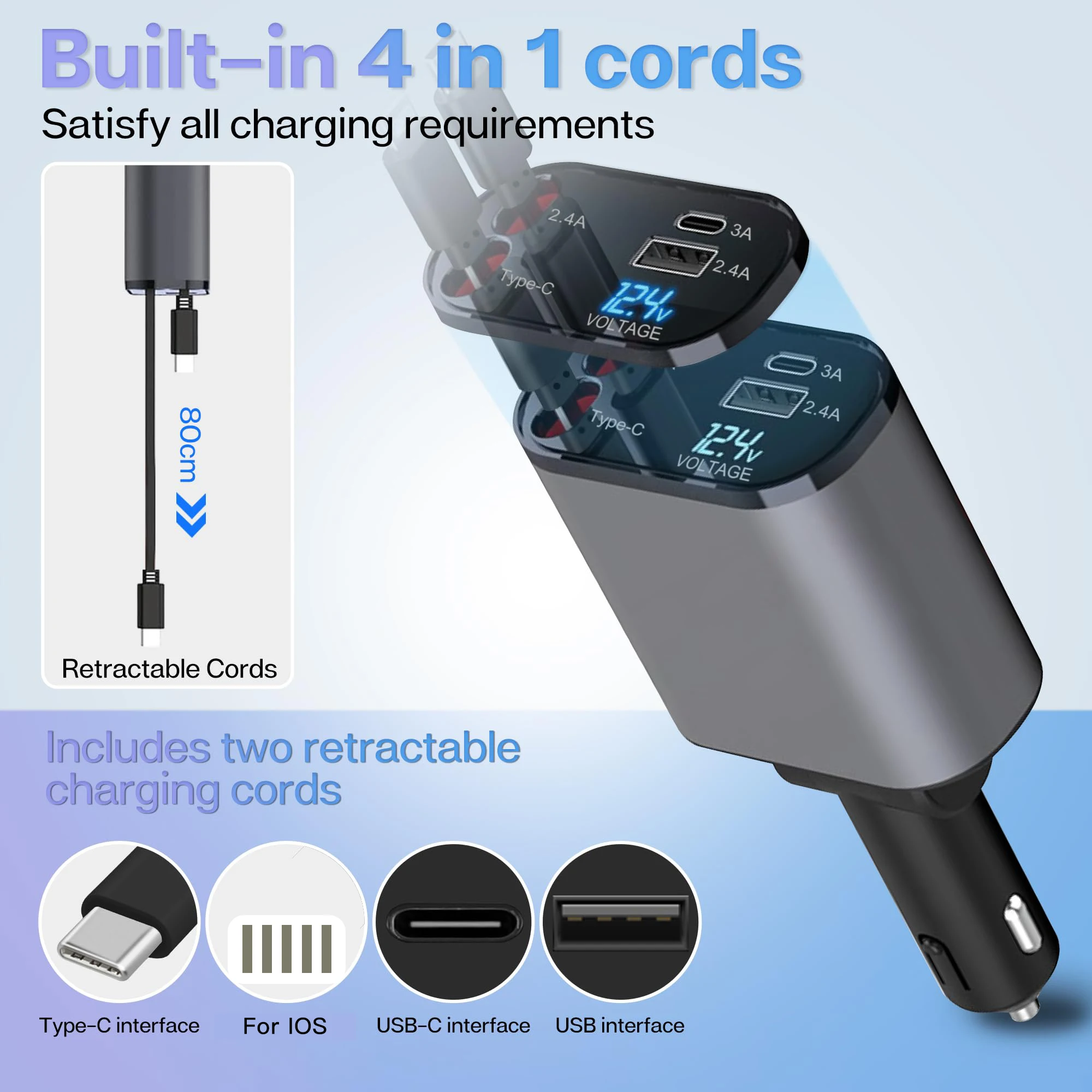 120/66w 4 IN 1 Retractable Car Charger Mobile Phone USB PD Type C Cable For iPhone Fast Charge Cord Cigarette Lighter QC Adapter