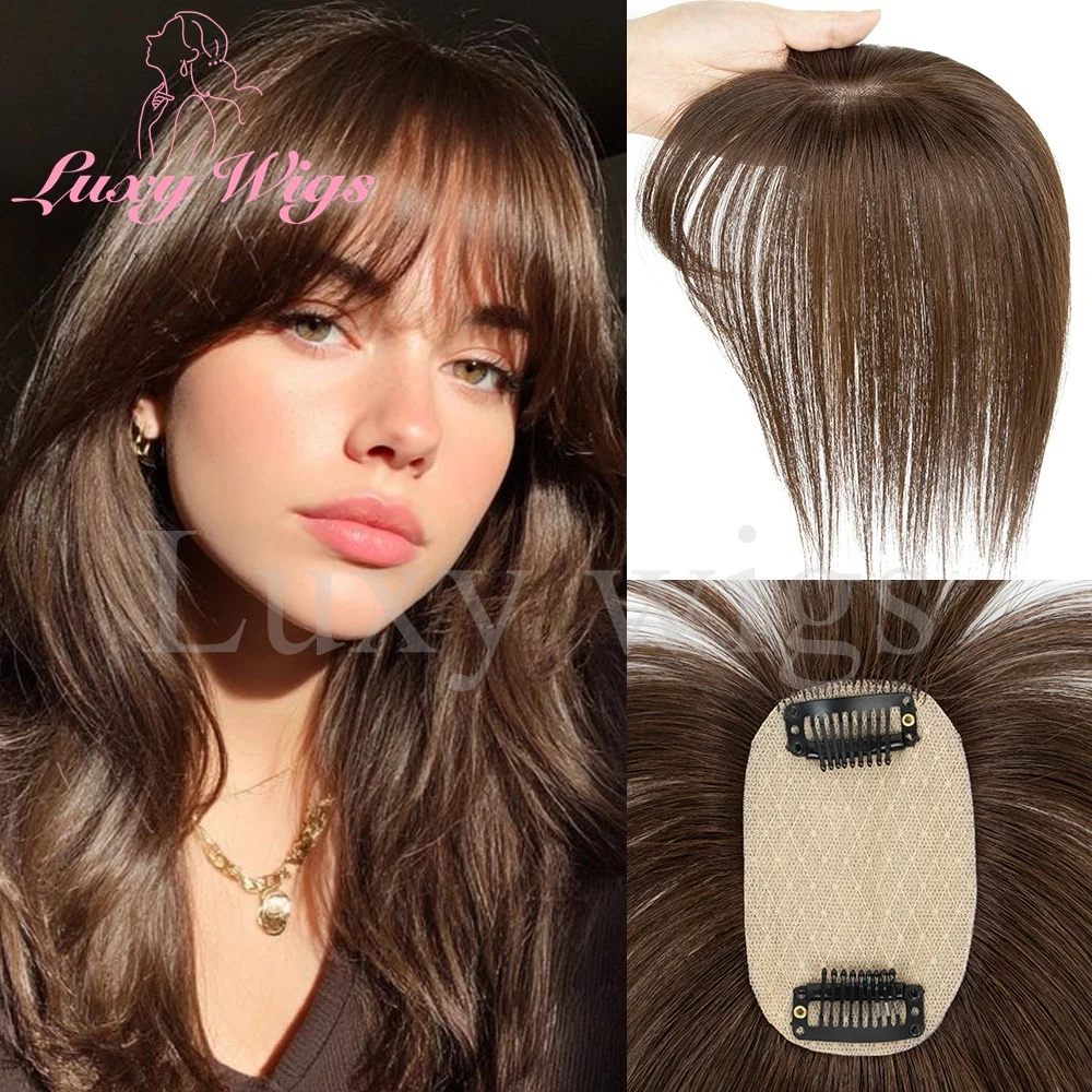 

Прямые заколки из натуральных волос для женщин, короткие топперы из натуральных волос 5 см x 9 см с челкой, натуральный черный, коричневый, светлый топпер для волос