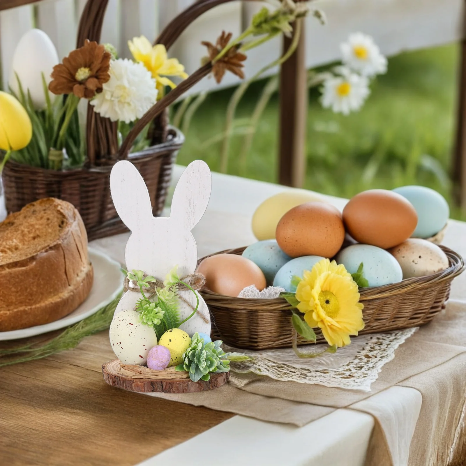 

7.3x4.5inches Easter Decor Wooden Bunny with Eggs and Flowers Farmhouse Table Centerpiece for Home Dining Room Bedroom Spring