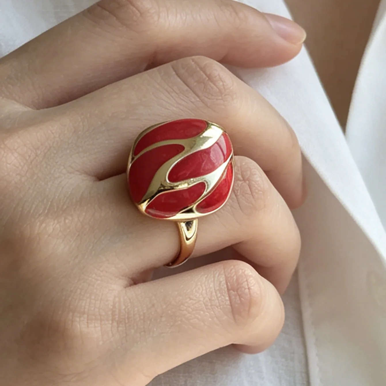 Artsy Liquid Gold Patterned Enamel Statement Open Ring Aesthetic Organic Melting Metal Jewelry Sophisticated Handcrafted Style