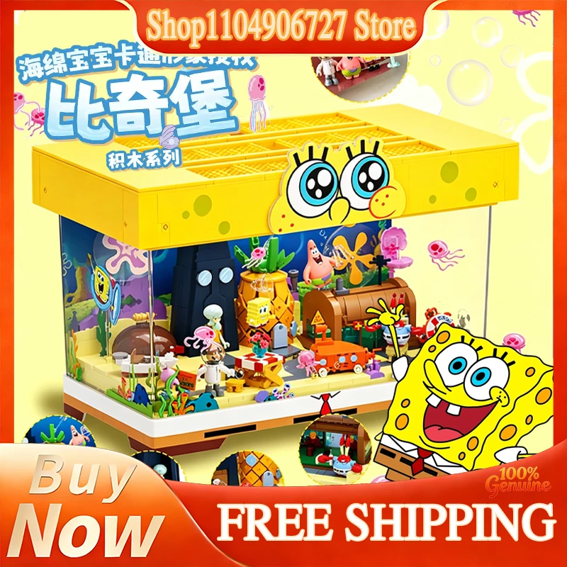 Area-X Blocs de construction Bob l'éponge, Scène Océan de Bikini Bottom, Boîte mystère, Modèle lumineux USB, Décoration de bureau, Cadeaux