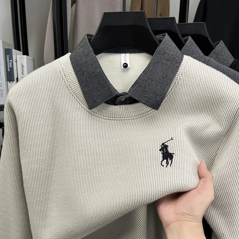 

Fake Two Shirts Collar Sweater Men's Warm Knitted Polo Base Sweater 2025 Autumn/Winter Plush Hoodie
