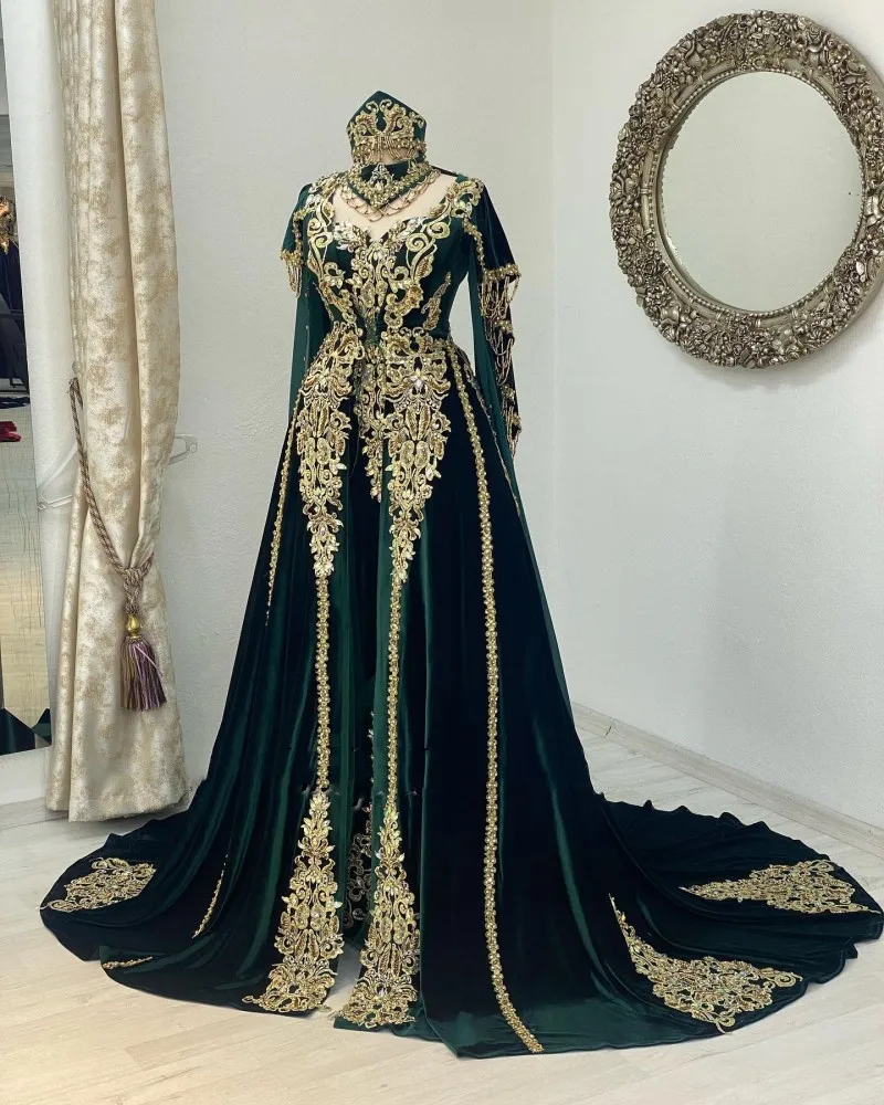 Hunter Green Burgundy Velvet Prom Formal Dress with Cape Jacekt Moroccan Caftan Gold Lace Beaded Kaftan Arabic Evening Gown