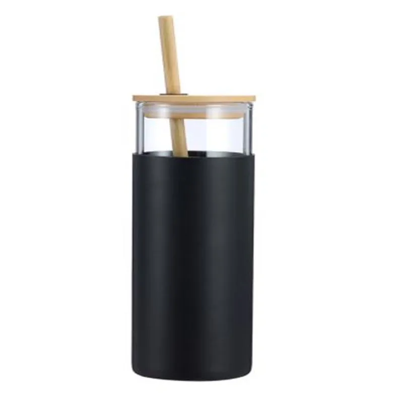 Portable Silica Glass Suction Cup, Bamboo Cover, Sports Bottle, Outdoor Travel, Home Office, Coffee Cup with Straw, 500-600 ml