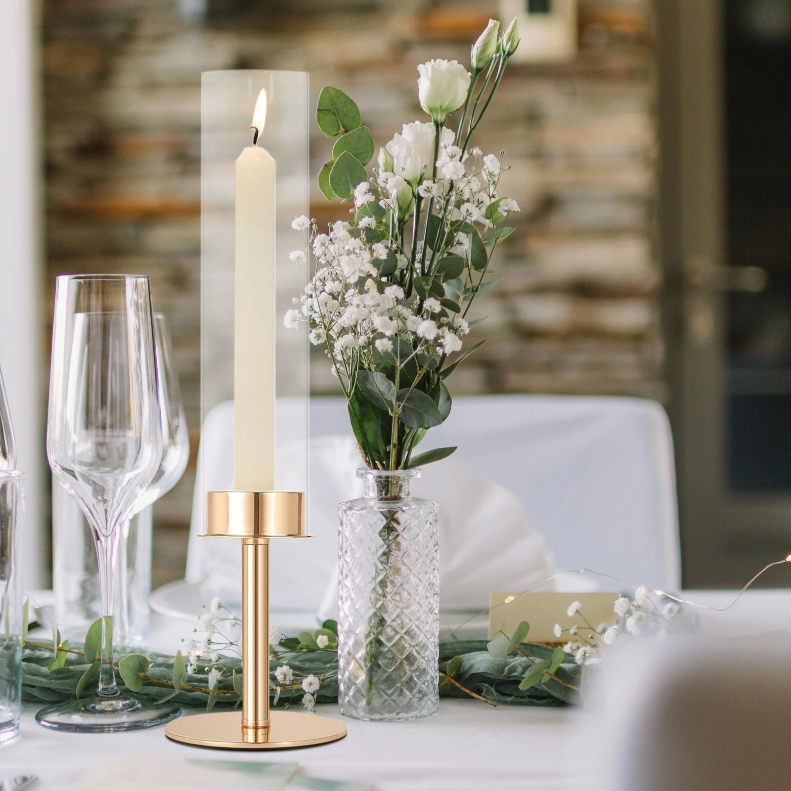 

3Pcs Golden Glass Holders Hurricane Sticks Metal Windproof Cylinder Covers Wedding Party Table Decor Centerpiece