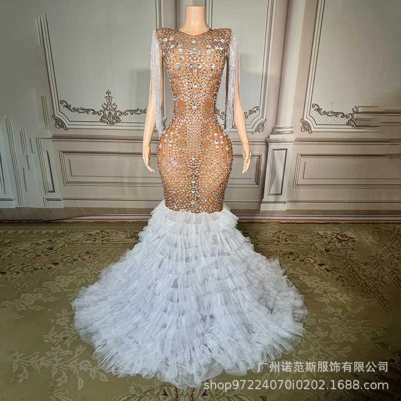 Tassel Bright Diamond Engagement Banquet Wedding Emcee Host Dress Star Red Carpet Catwalk Fashion Party Vestidos Para Graduación