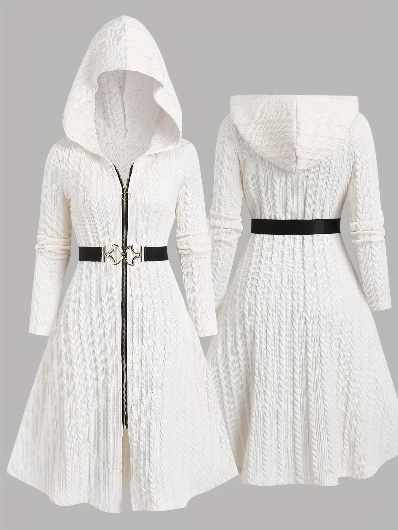 

Новый модный женский кардиган с капюшоном, повседневным поясом и вязаным льняным узором для осени и зимы.