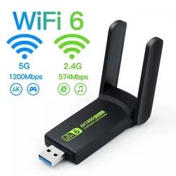 Adaptador USB com Antena de Alto Ganho, Dongle WiFi, Placa de Rede Sem Fio, Windows 10 e 11, 802.11ax, 5G, 2.4GHz, 1800Mbps, USB 3.0