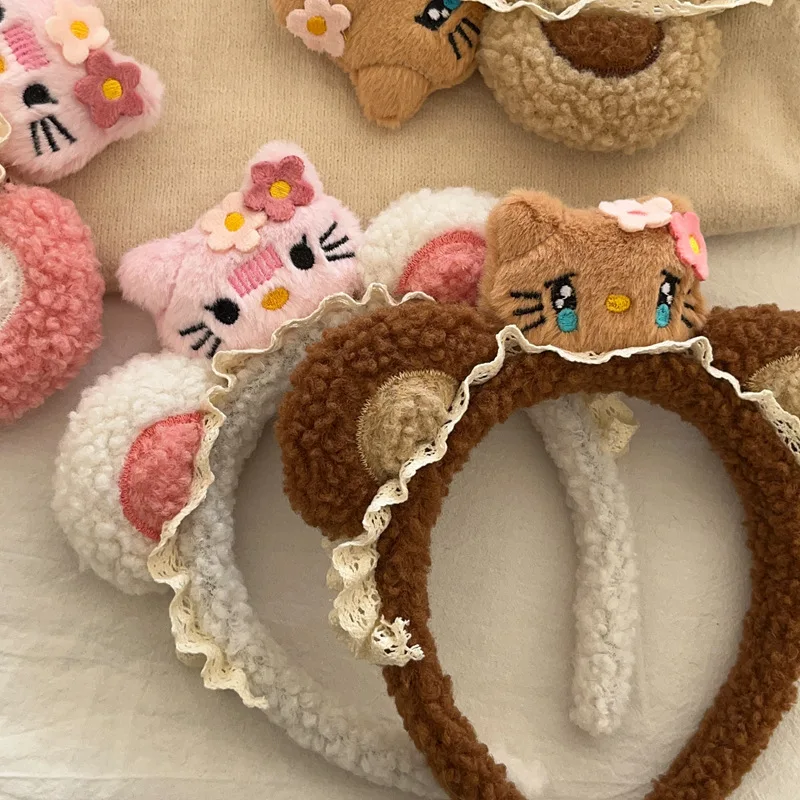 Miniso Hello Kitty Cartoon Bear Ears Wash Face Headband Cute Lamb Hair Accessory Kawaii Hair Card A Birthday Gifts for Girls