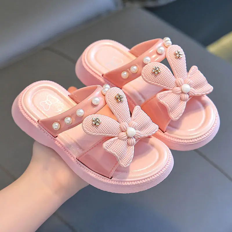 Girls Slippers Fashion Cartoon Princess Shoes Summer Soft Sole Non-slip Indoor Slippers Cute Bow Pearl Bathroom Slides Flip Flop