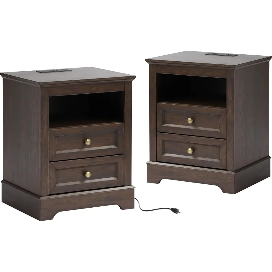 Тумбочка с зарядной станцией Набор из 2 прикроватных тумбочек для фермерского дома с 2 ящиками Прикроватная тумбочка для спальни Торцевой столик Приставной столик