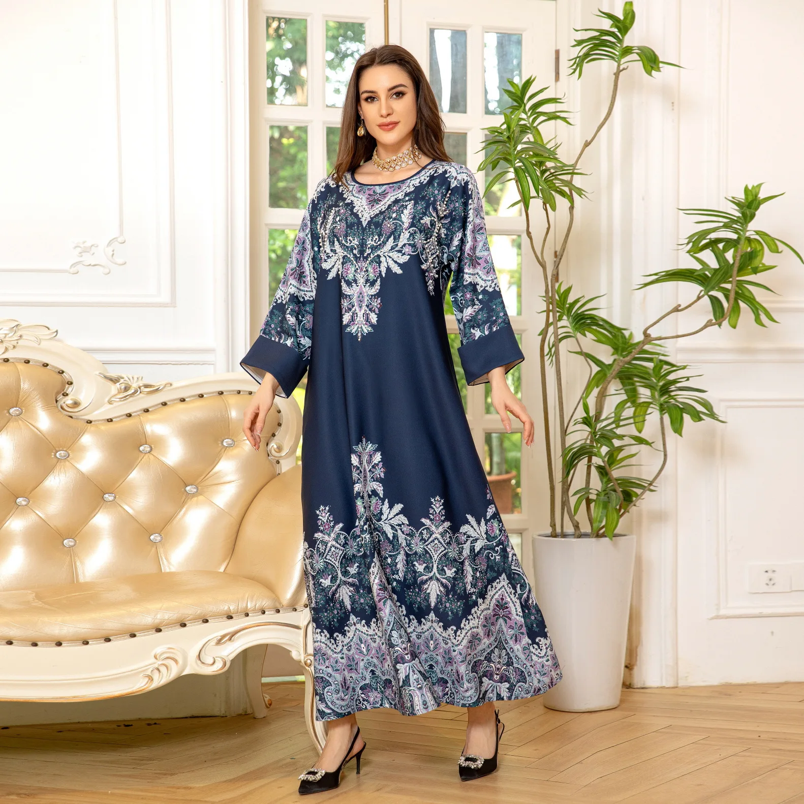 AB325 long robe Muslim jalabiya pullover print positioning flower rhinestone women's dress