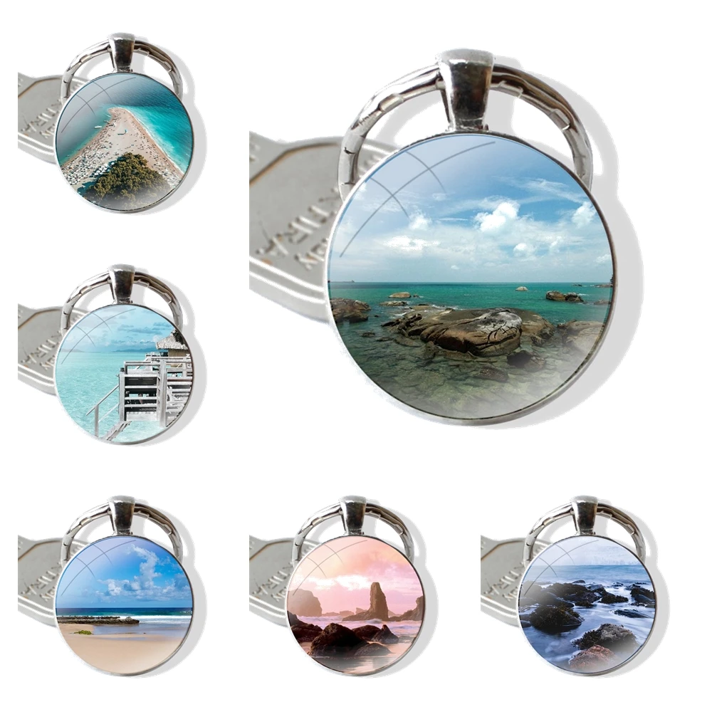 Glass Metal Pendant Key Chain Classic Men Women Key Ring Accessories Jewelry Gifts Sandy beach Clear Sea Sky