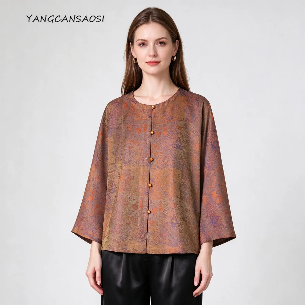 2026 Women's Fashion Autumn New Versatile Temperament 100% Natural Mulberry Silk Song Brocade Round Neck Long Sleeved Coat